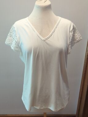 SHEIN White V-Neck Top with Lace Cap Sleeves